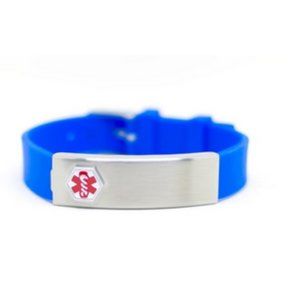 NEW! Unisex Silicone & Stainless Medical ID Bracelet Blue or Red ~ Plate Opens